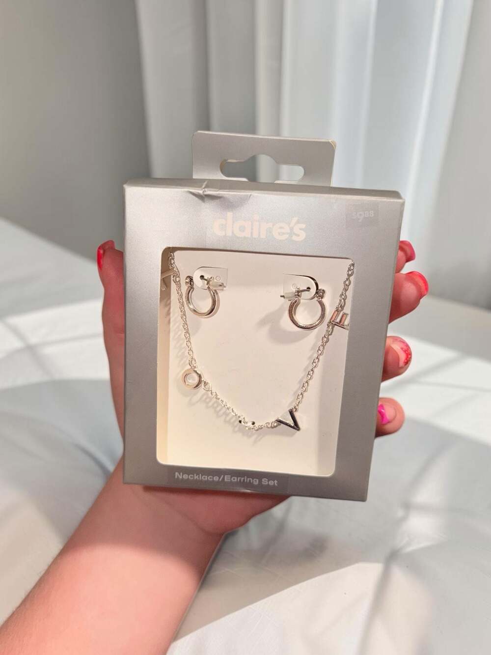 Claire's Silver Tone 'LOVE' Necklace and Hoop Earring Set